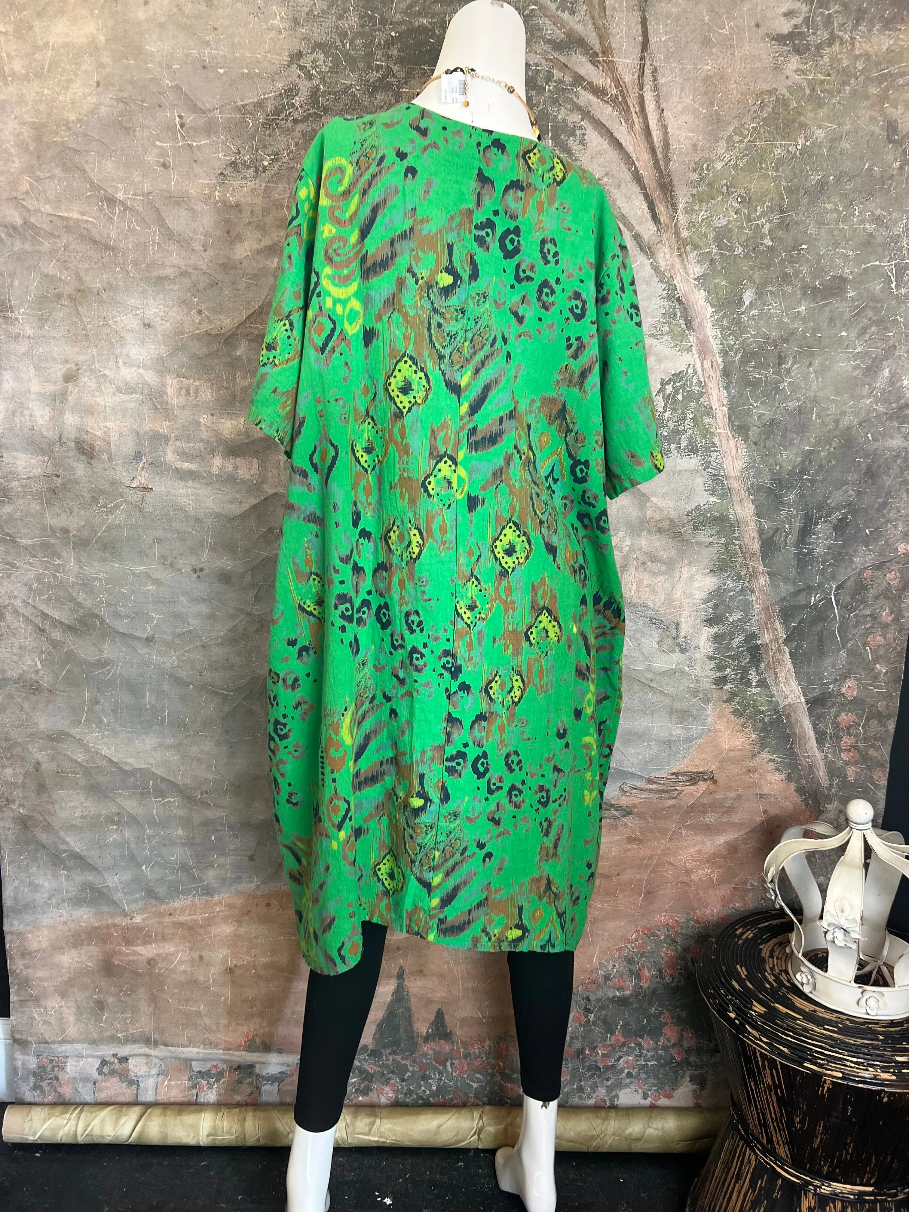 90847 Print Linen Dress-Green
