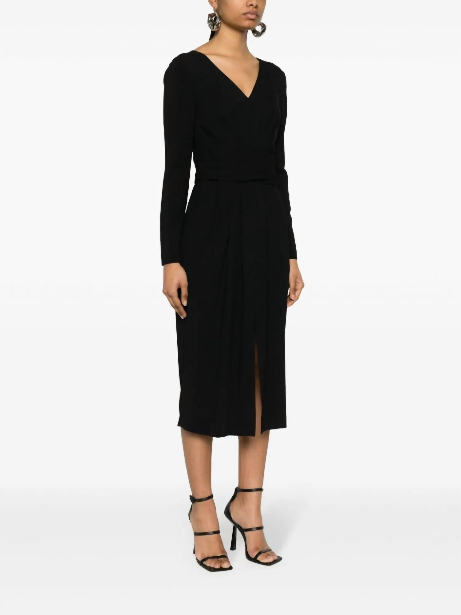 Alberta Ferretti - V Neck Crepe Cady Long Sleeve Midi Dress