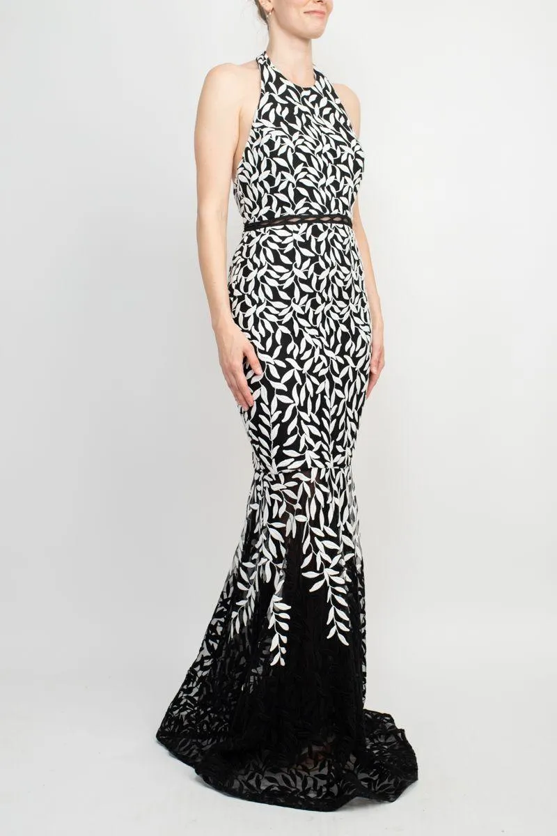Alberto Makali AMK185600 Halter Neck Open Back Bodycon Godet Embroidered Mesh Dress