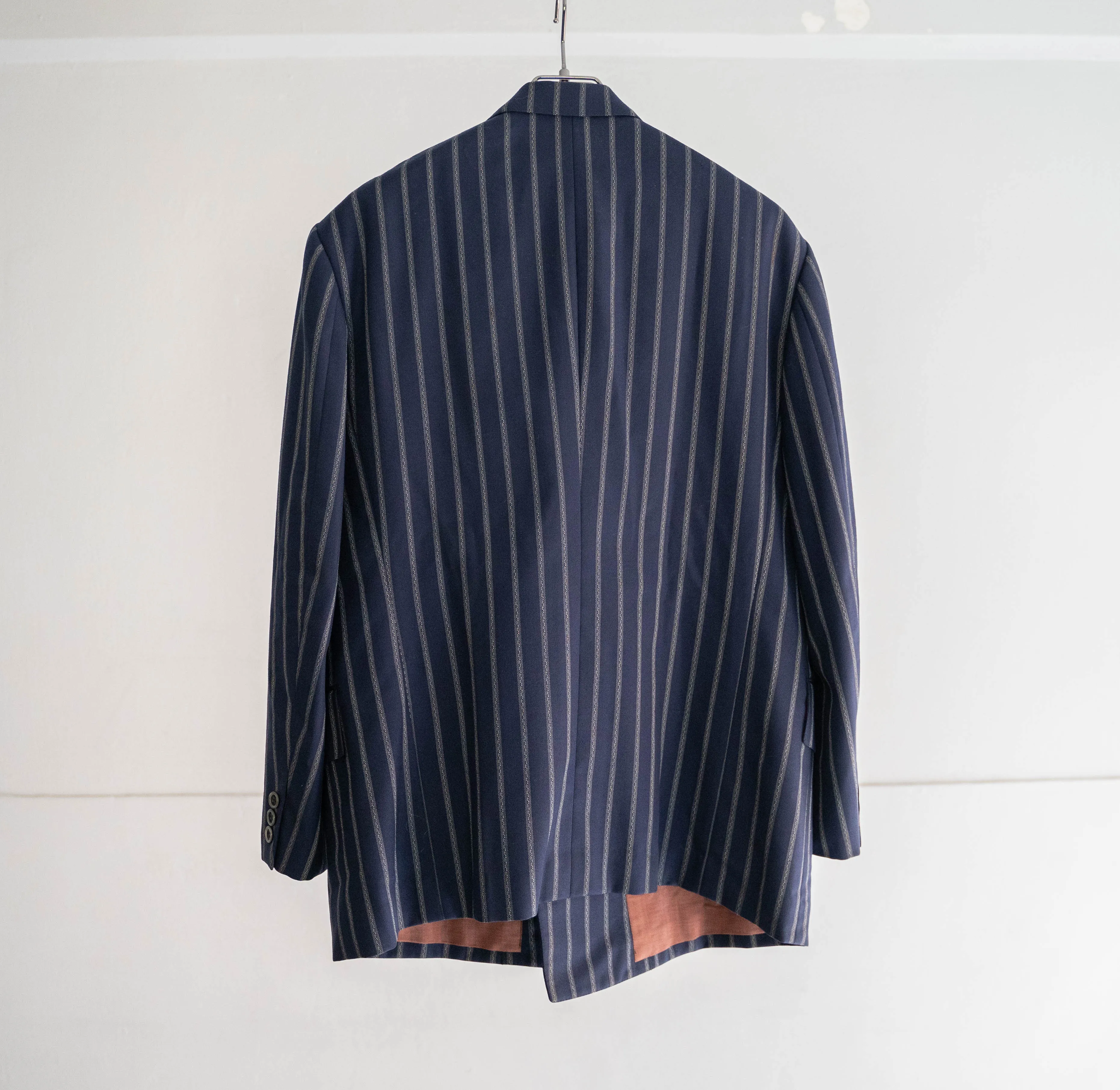 around 1970s Japan vintage navy × gray stripe double breasted tailored jacket