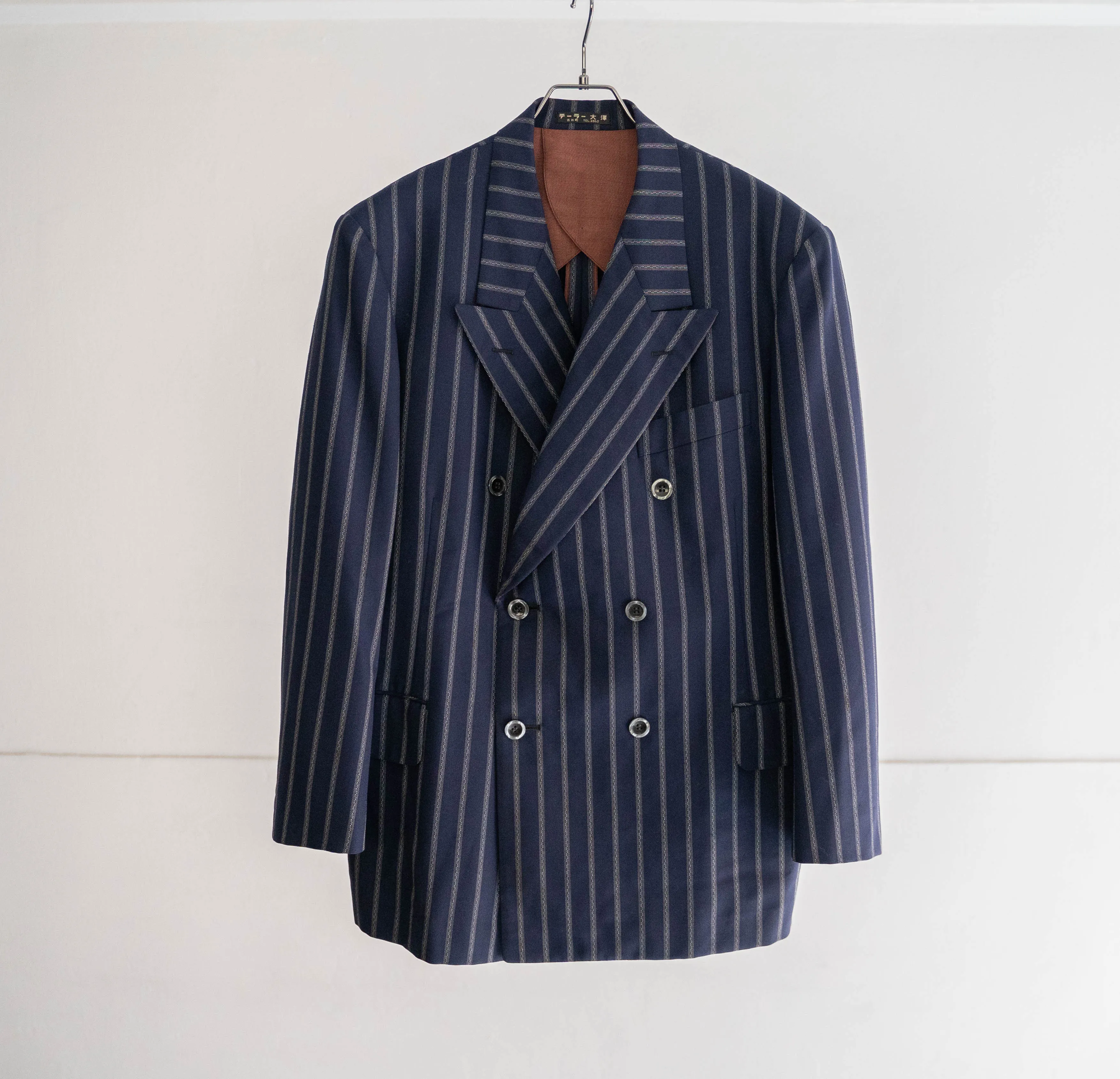 around 1970s Japan vintage navy × gray stripe double breasted tailored jacket