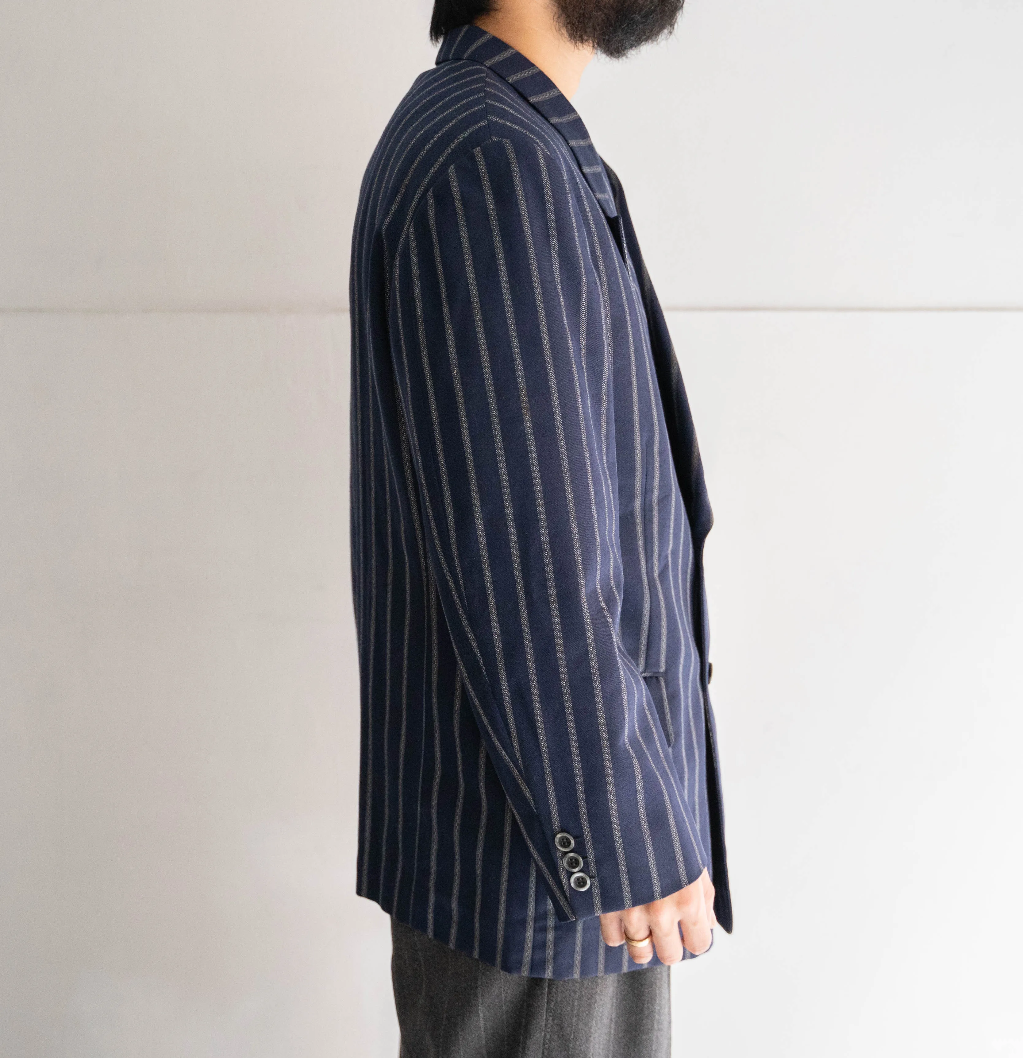 around 1970s Japan vintage navy × gray stripe double breasted tailored jacket