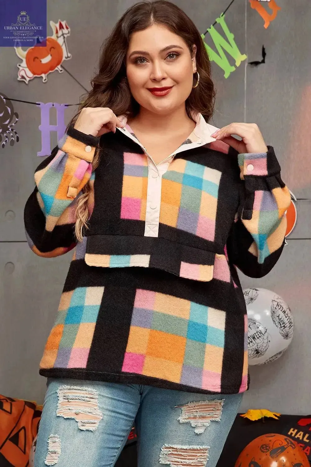 Black Checkered Print Plus Size Sherpa Sweatshirt
