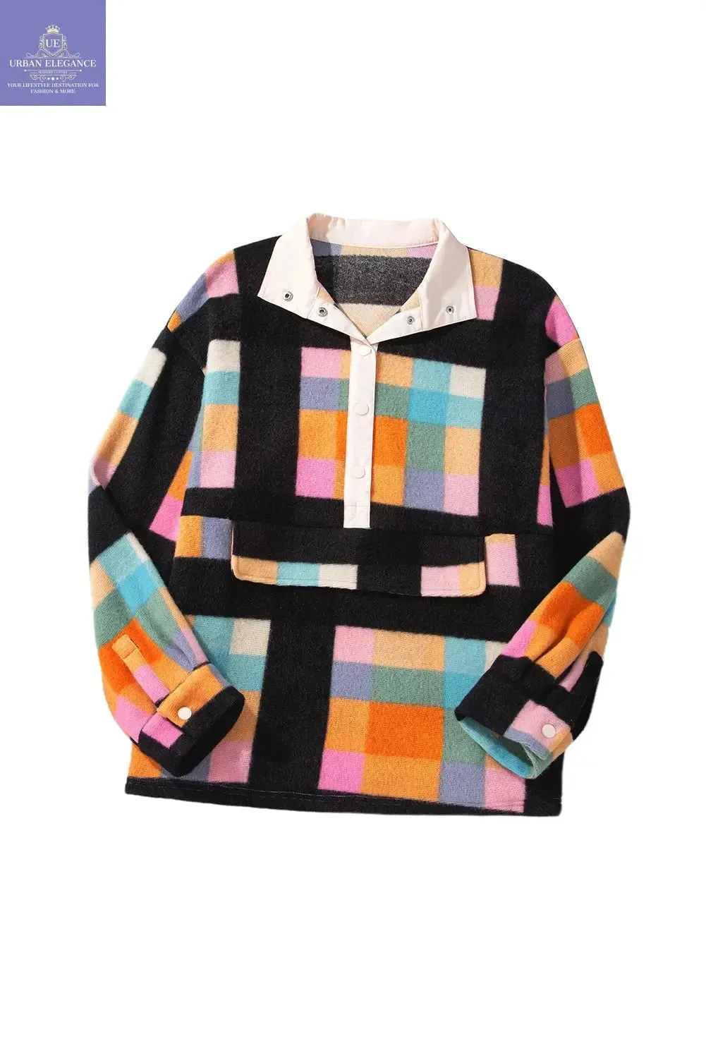Black Checkered Print Plus Size Sherpa Sweatshirt