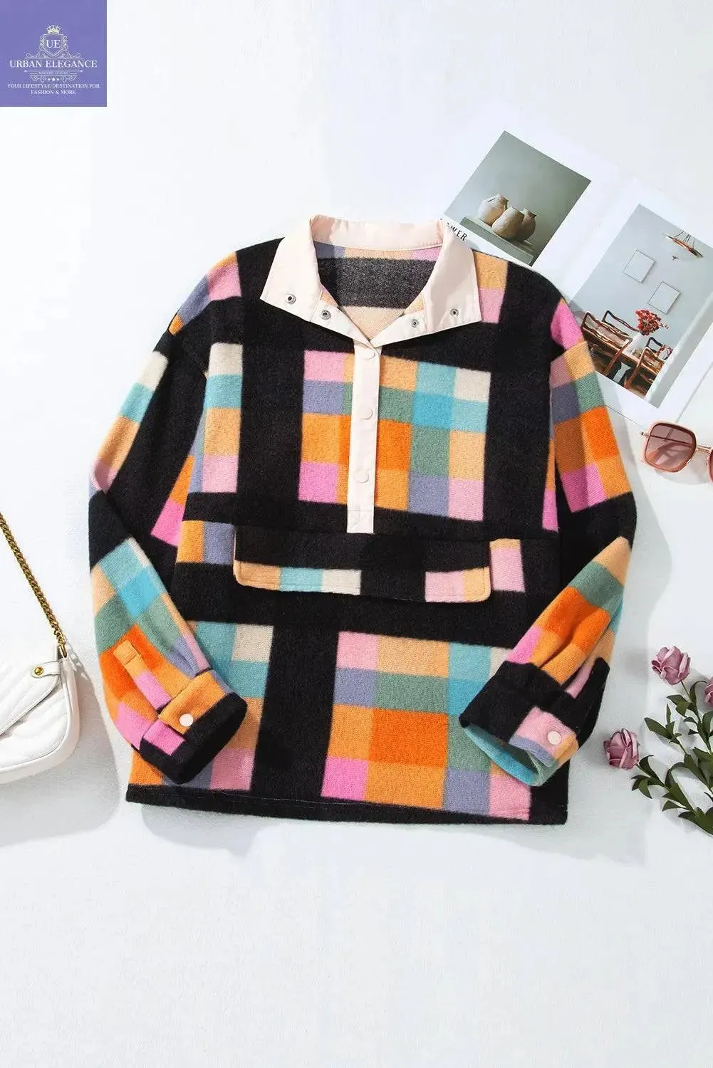 Black Checkered Print Plus Size Sherpa Sweatshirt