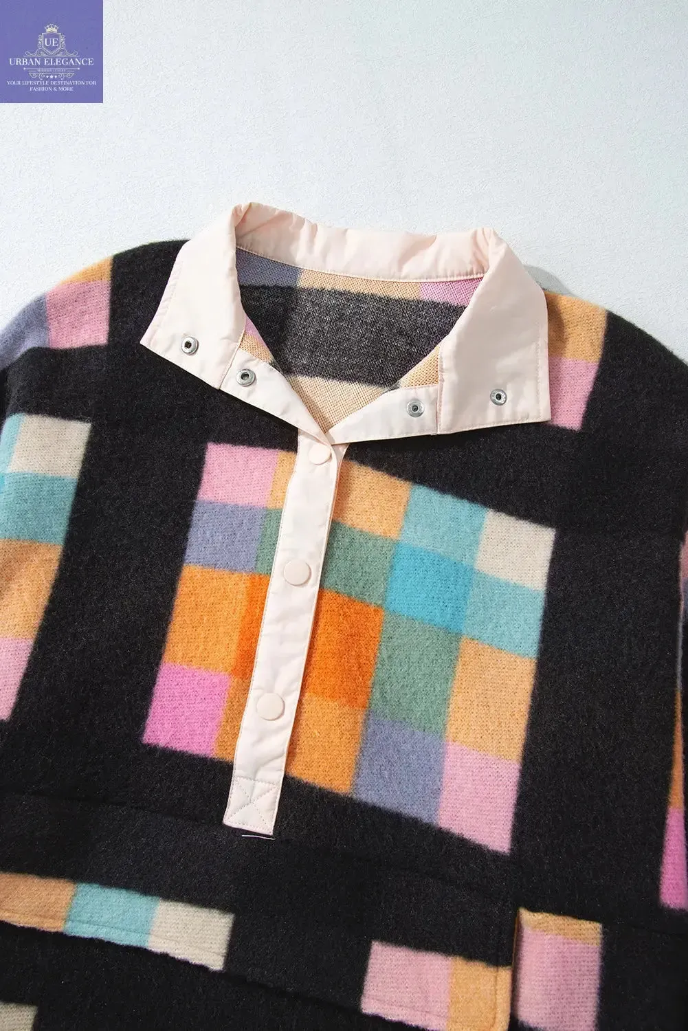 Black Checkered Print Plus Size Sherpa Sweatshirt