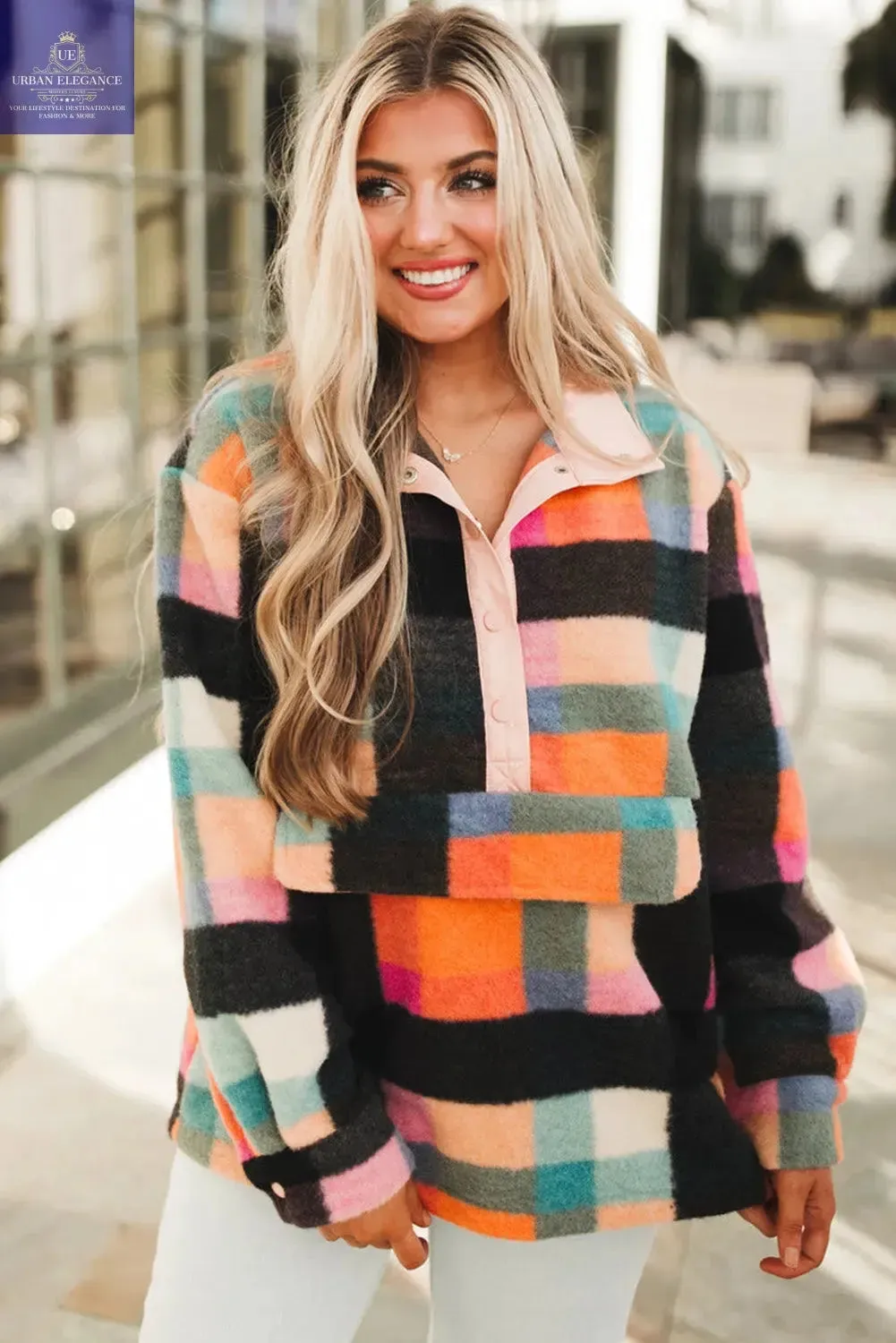 Black Checkered Print Plus Size Sherpa Sweatshirt