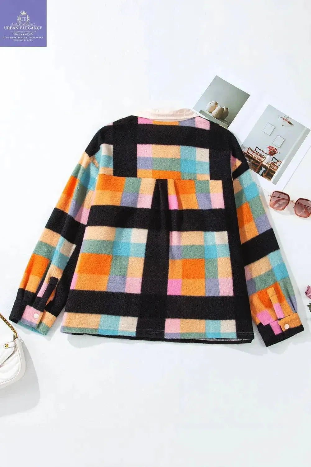 Black Checkered Print Plus Size Sherpa Sweatshirt