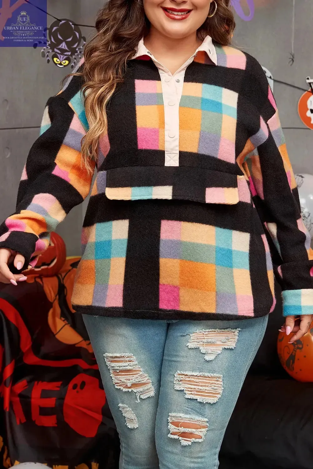 Black Checkered Print Plus Size Sherpa Sweatshirt
