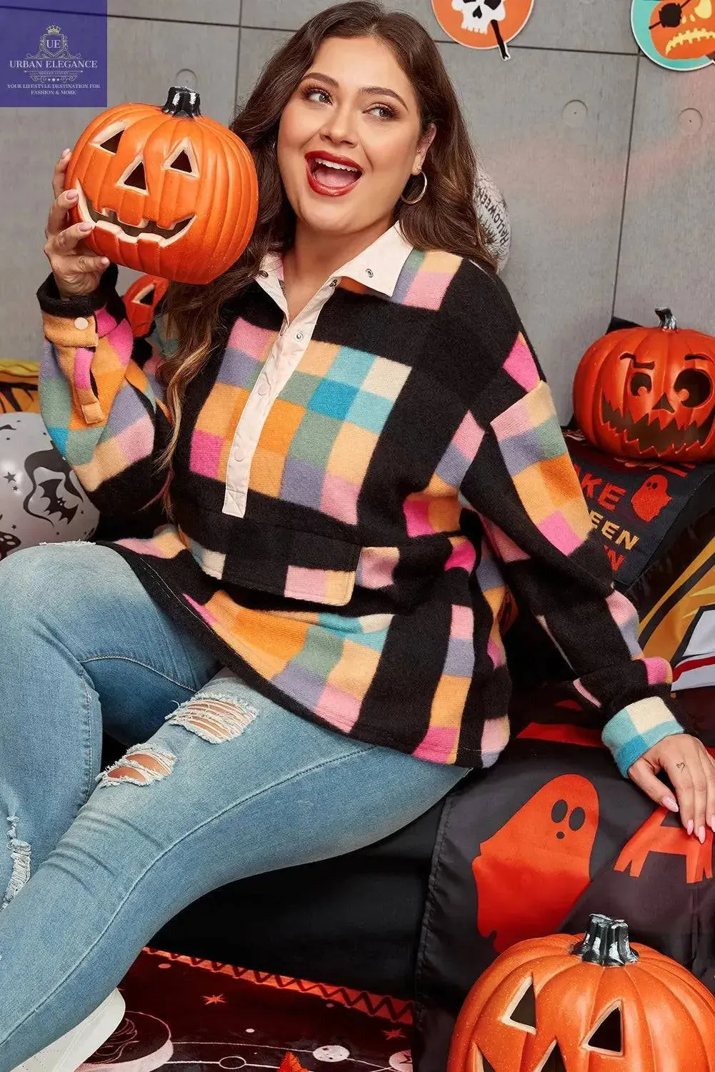 Black Checkered Print Plus Size Sherpa Sweatshirt