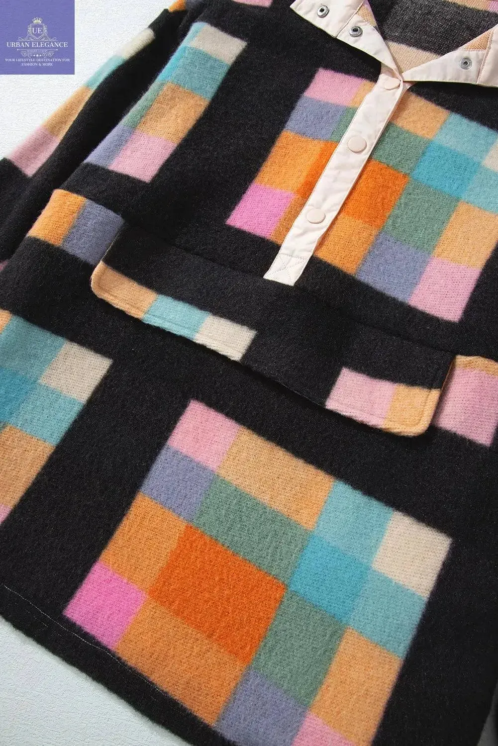 Black Checkered Print Plus Size Sherpa Sweatshirt