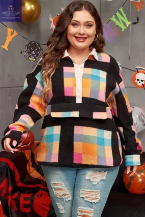 Black Checkered Print Plus Size Sherpa Sweatshirt
