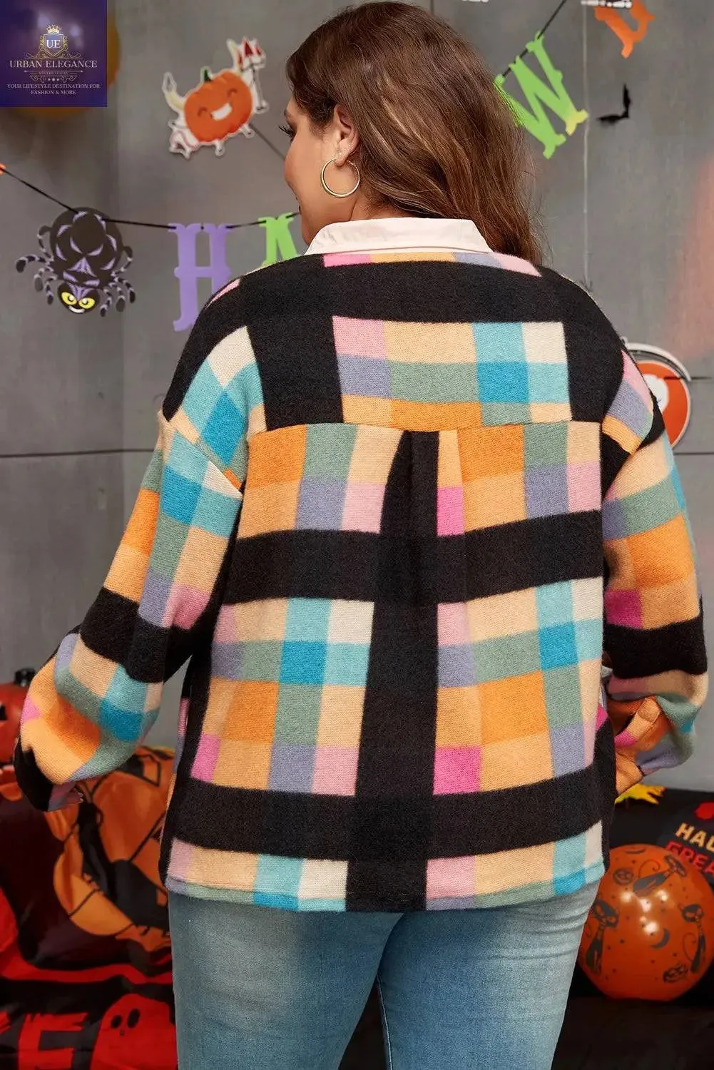 Black Checkered Print Plus Size Sherpa Sweatshirt