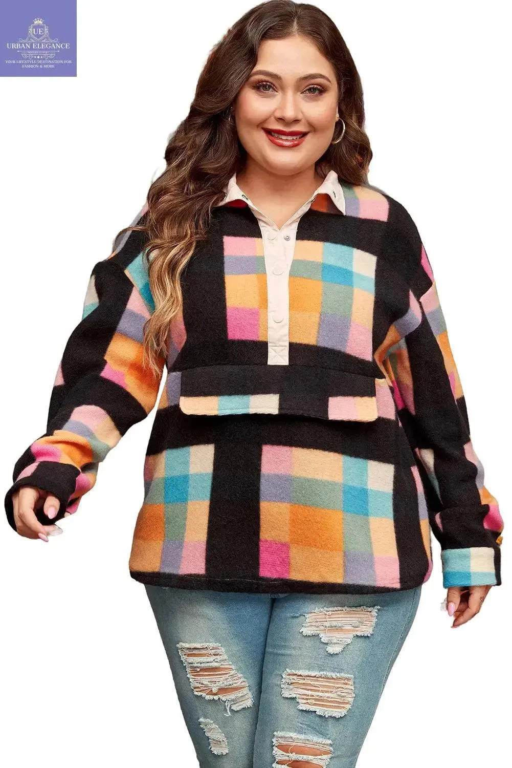 Black Checkered Print Plus Size Sherpa Sweatshirt