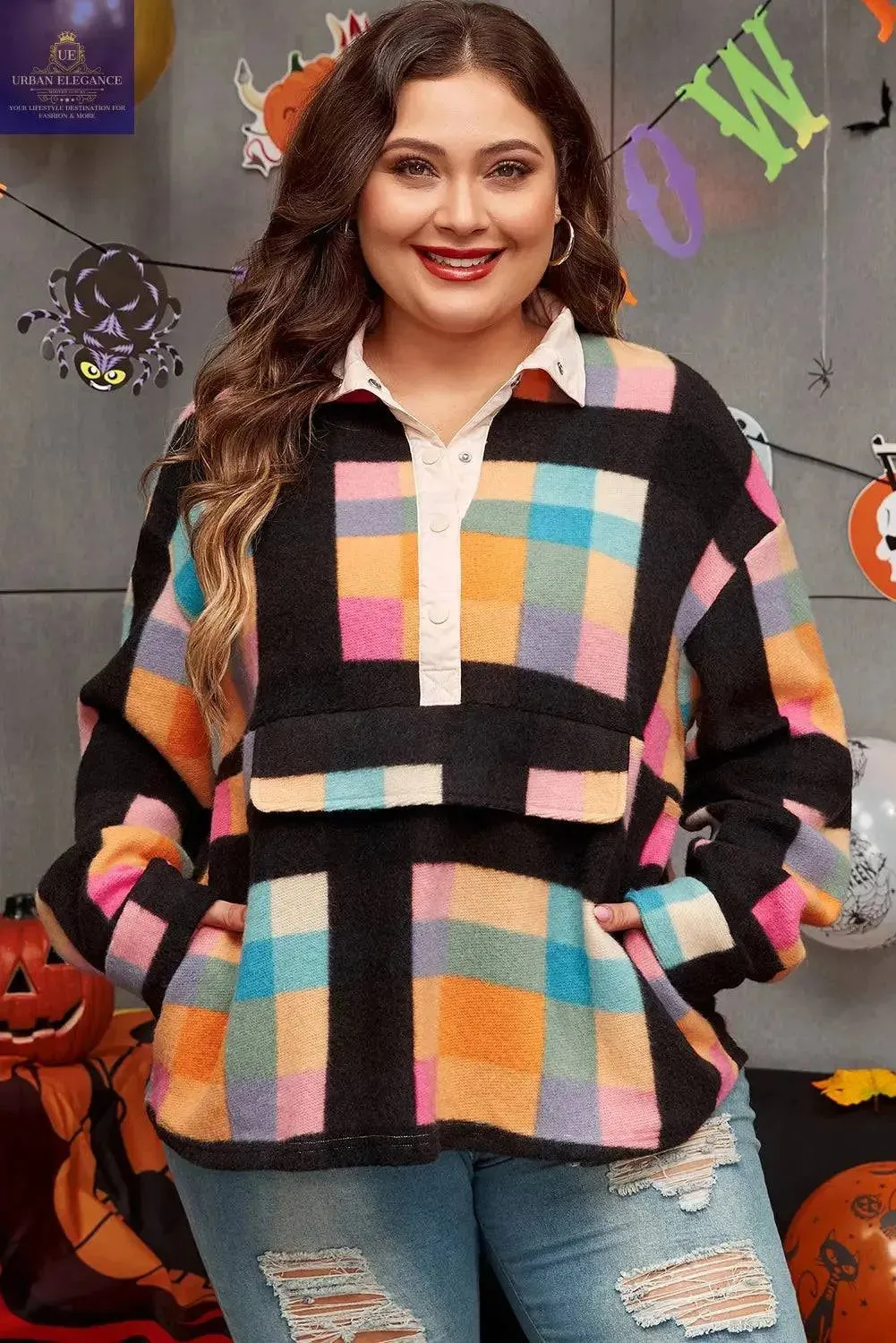Black Checkered Print Plus Size Sherpa Sweatshirt