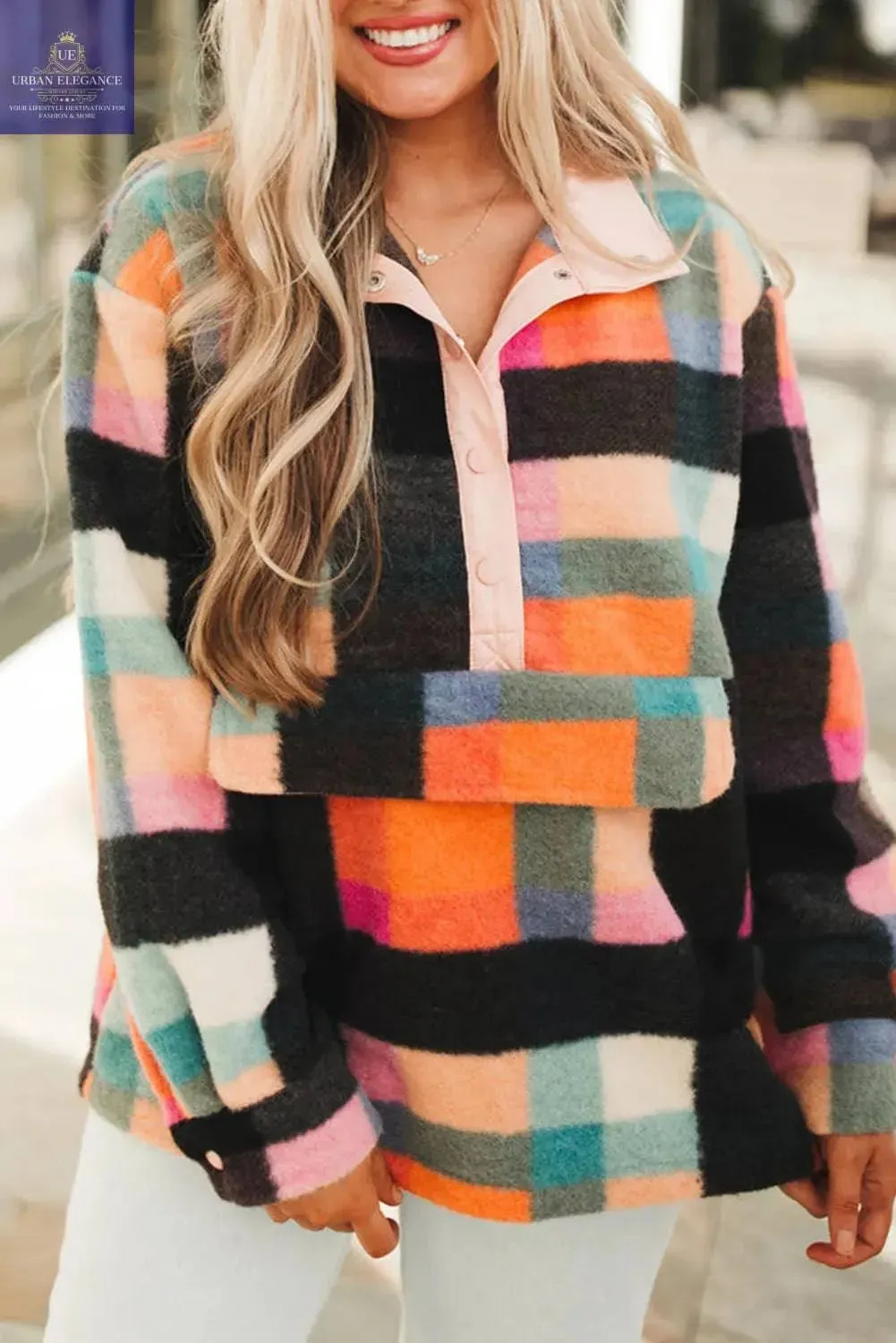 Black Checkered Print Plus Size Sherpa Sweatshirt