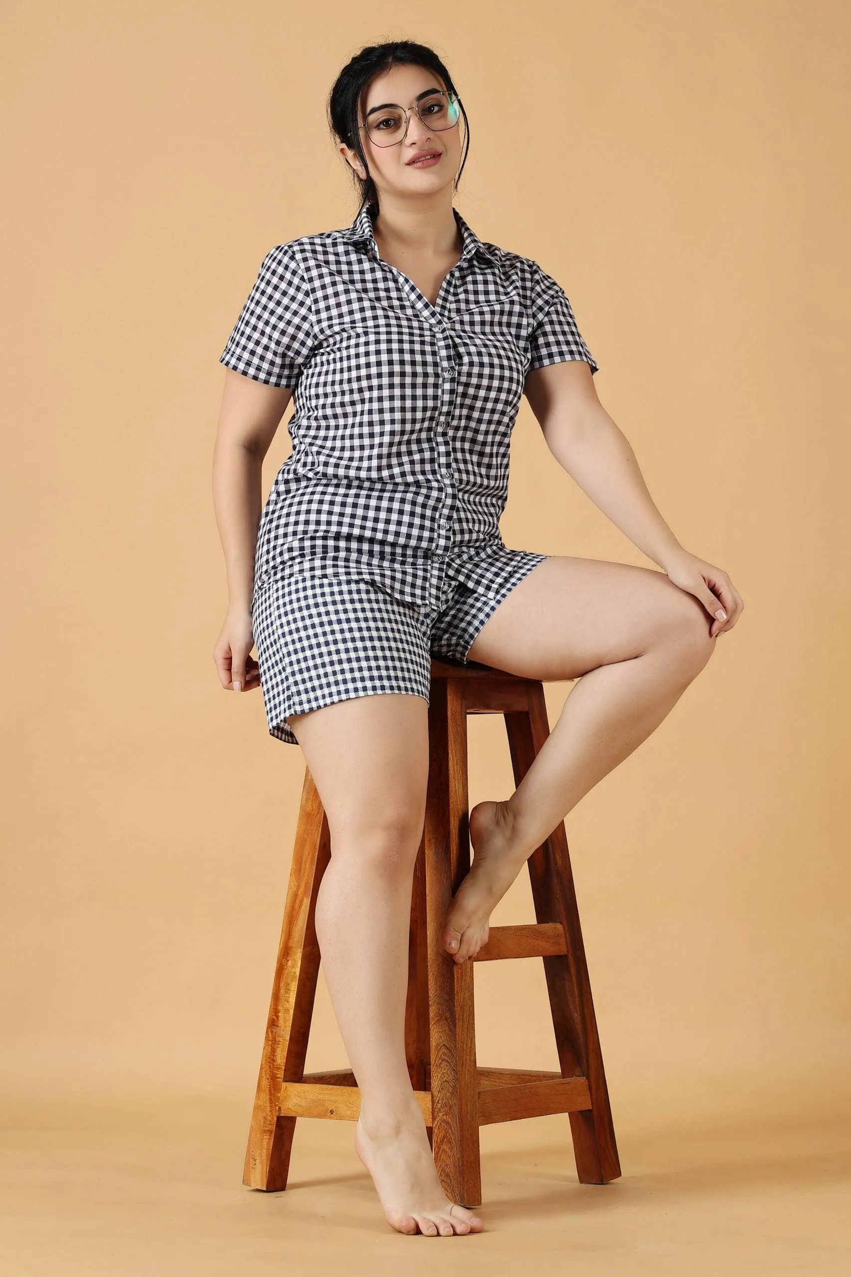 Blue & White Checked Night Suit Set