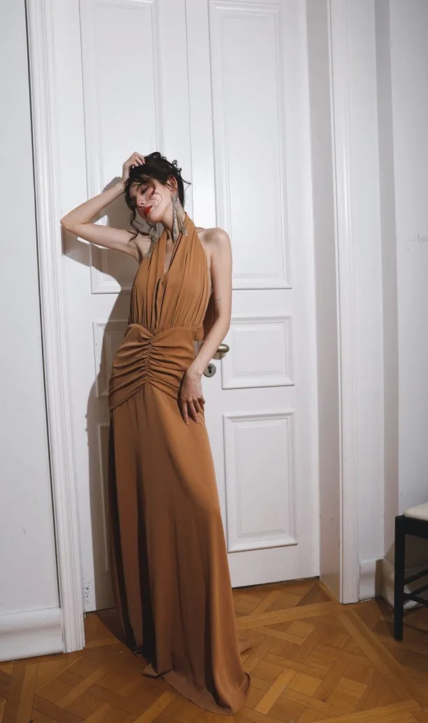DOLLY Elegant Caramel Brown French Style Sleeveless Halter Collar Long Dinner Dress-PRIME (V)