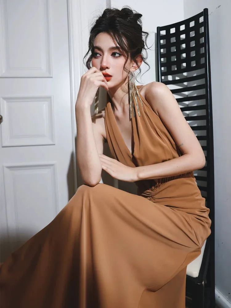 DOLLY Elegant Caramel Brown French Style Sleeveless Halter Collar Long Dinner Dress-PRIME (V)