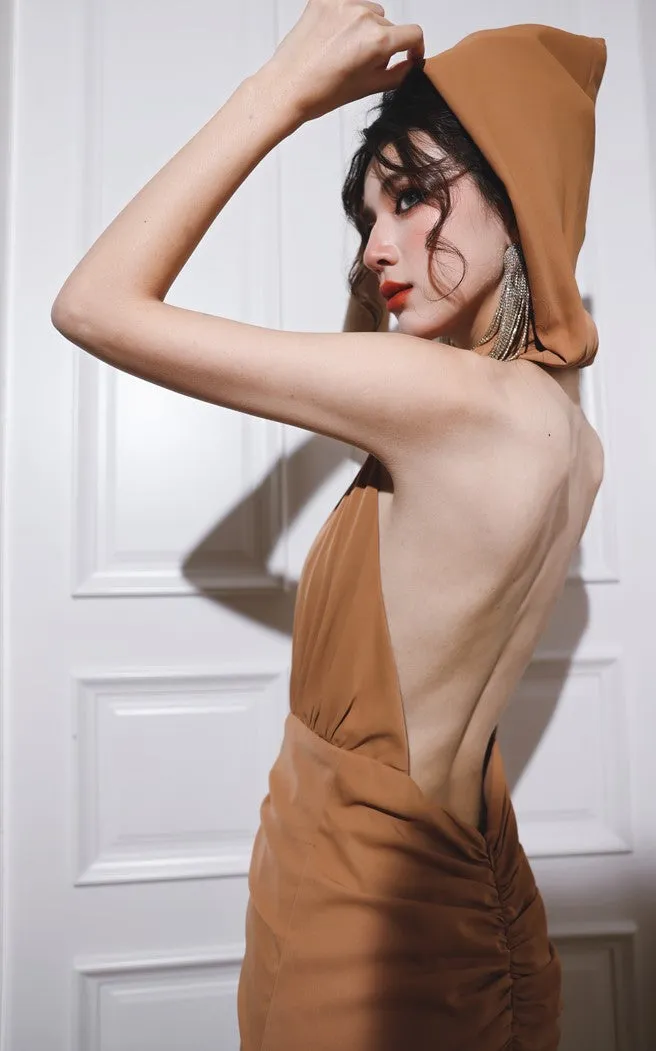 DOLLY Elegant Caramel Brown French Style Sleeveless Halter Collar Long Dinner Dress-PRIME (V)