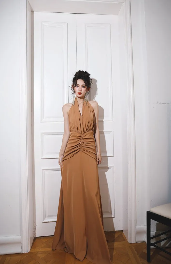 DOLLY Elegant Caramel Brown French Style Sleeveless Halter Collar Long Dinner Dress-PRIME (V)