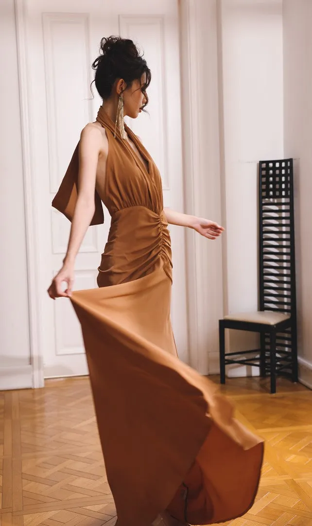 DOLLY Elegant Caramel Brown French Style Sleeveless Halter Collar Long Dinner Dress-PRIME (V)