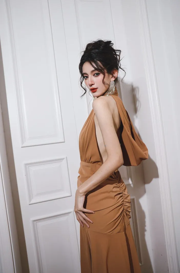 DOLLY Elegant Caramel Brown French Style Sleeveless Halter Collar Long Dinner Dress-PRIME (V)