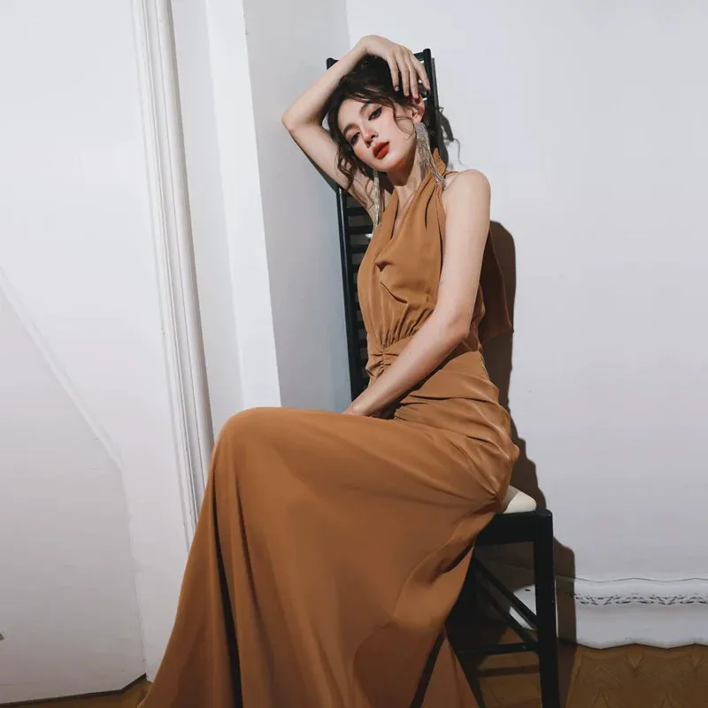 DOLLY Elegant Caramel Brown French Style Sleeveless Halter Collar Long Dinner Dress-PRIME (V)