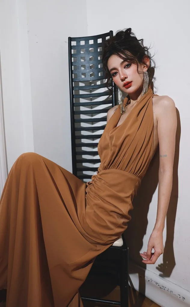 DOLLY Elegant Caramel Brown French Style Sleeveless Halter Collar Long Dinner Dress-PRIME (V)