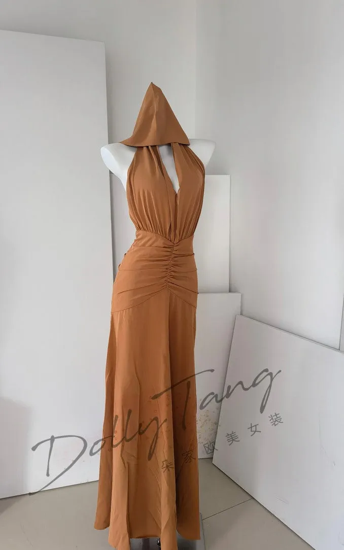 DOLLY Elegant Caramel Brown French Style Sleeveless Halter Collar Long Dinner Dress-PRIME (V)