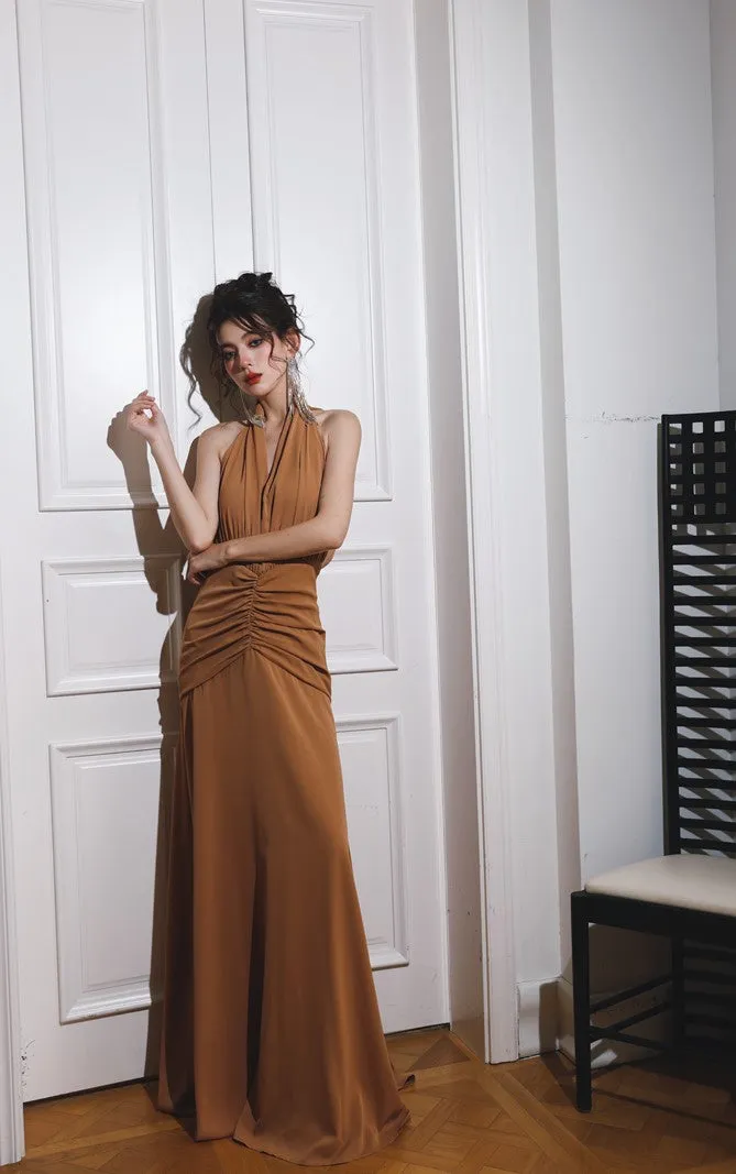 DOLLY Elegant Caramel Brown French Style Sleeveless Halter Collar Long Dinner Dress-PRIME (V)