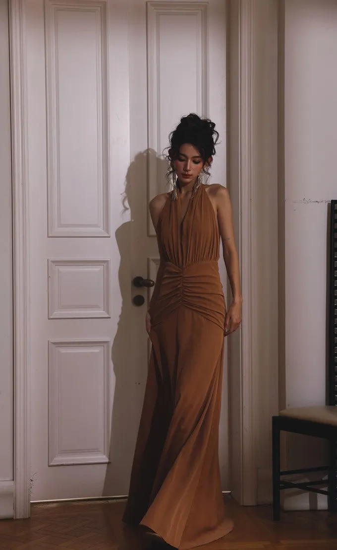 DOLLY Elegant Caramel Brown French Style Sleeveless Halter Collar Long Dinner Dress-PRIME (V)