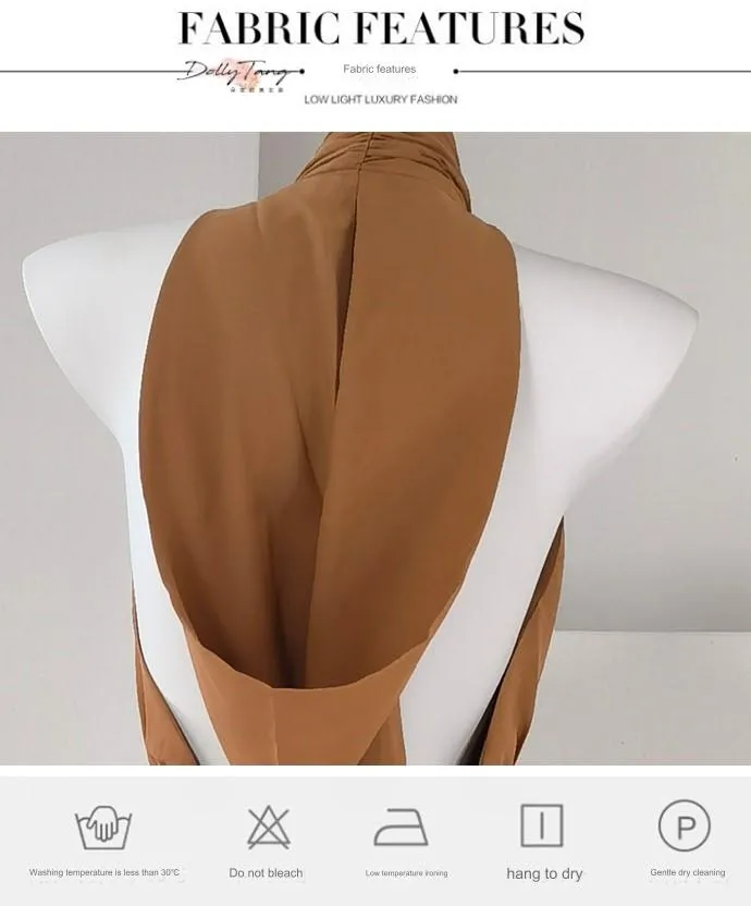 DOLLY Elegant Caramel Brown French Style Sleeveless Halter Collar Long Dinner Dress-PRIME (V)