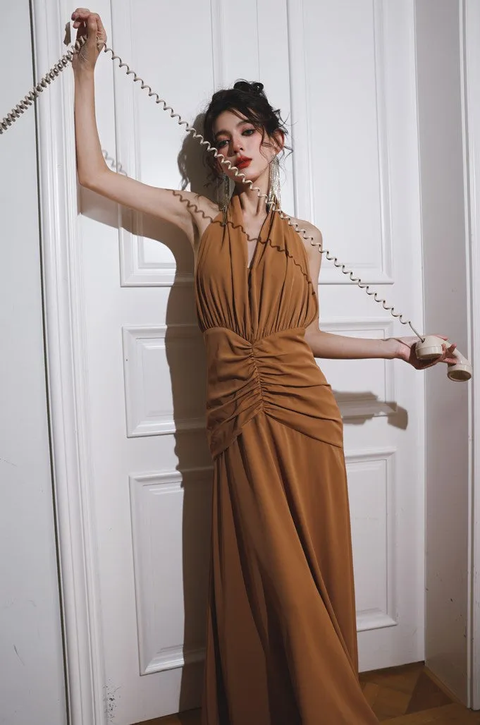 DOLLY Elegant Caramel Brown French Style Sleeveless Halter Collar Long Dinner Dress-PRIME (V)