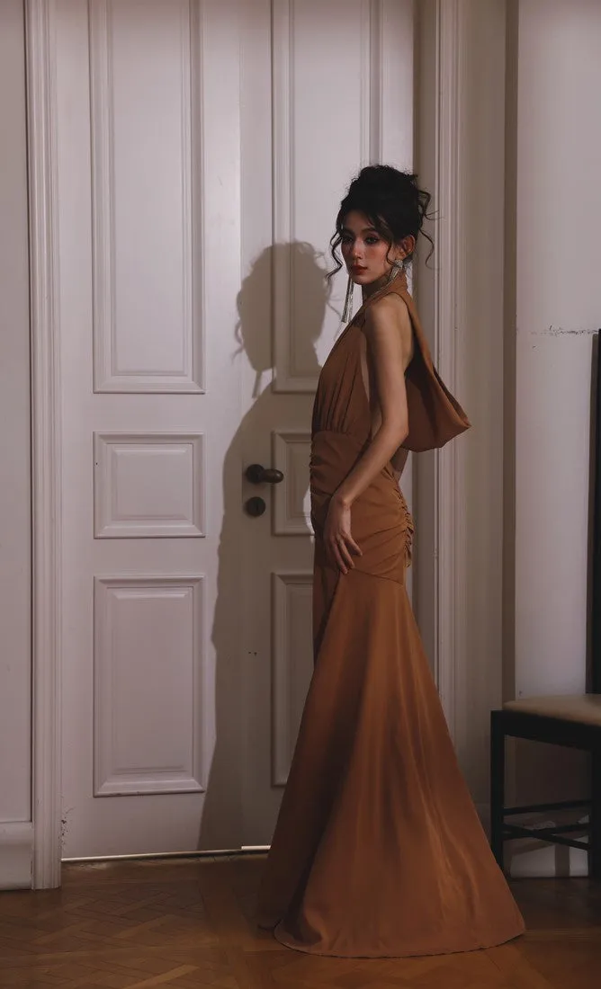 DOLLY Elegant Caramel Brown French Style Sleeveless Halter Collar Long Dinner Dress-PRIME (V)