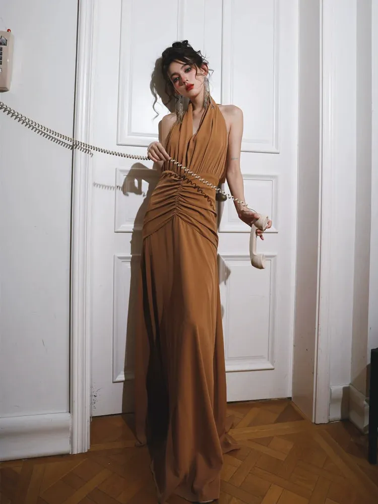 DOLLY Elegant Caramel Brown French Style Sleeveless Halter Collar Long Dinner Dress-PRIME (V)