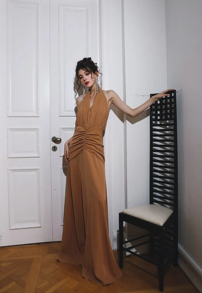 DOLLY Elegant Caramel Brown French Style Sleeveless Halter Collar Long Dinner Dress-PRIME (V)