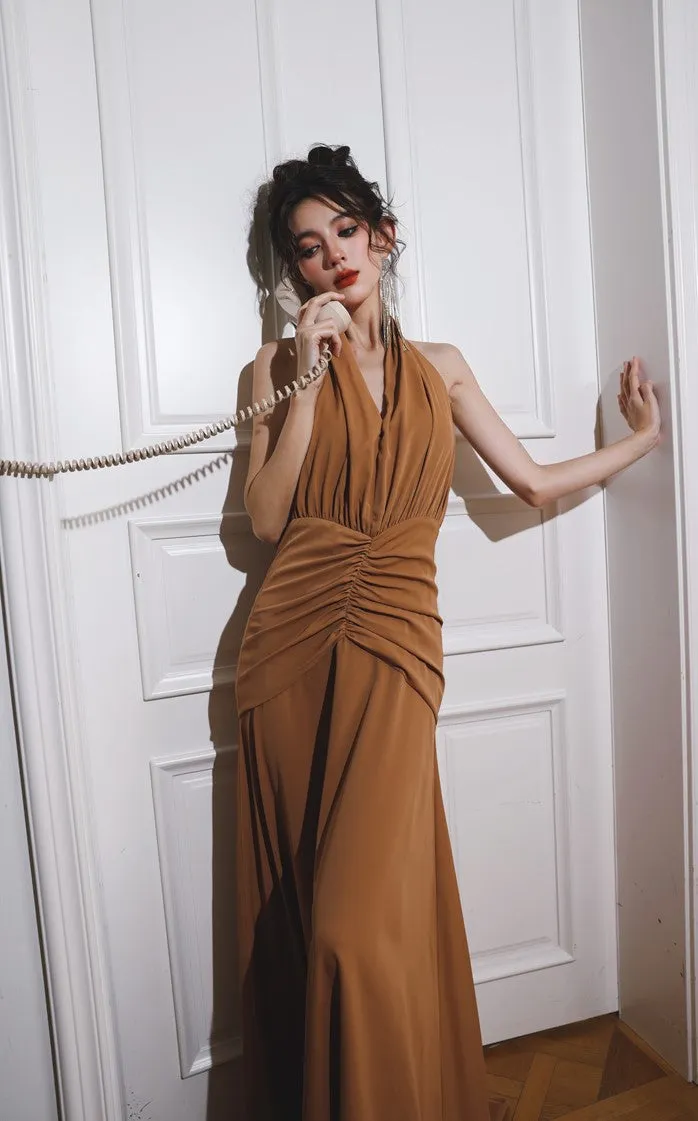 DOLLY Elegant Caramel Brown French Style Sleeveless Halter Collar Long Dinner Dress-PRIME (V)