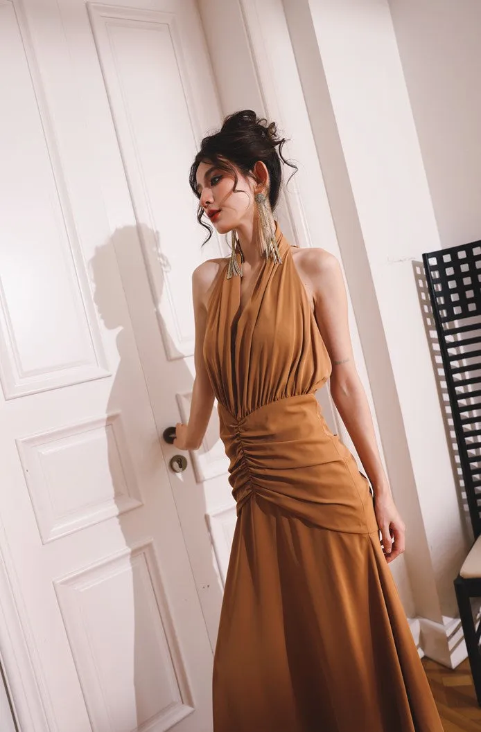 DOLLY Elegant Caramel Brown French Style Sleeveless Halter Collar Long Dinner Dress-PRIME (V)