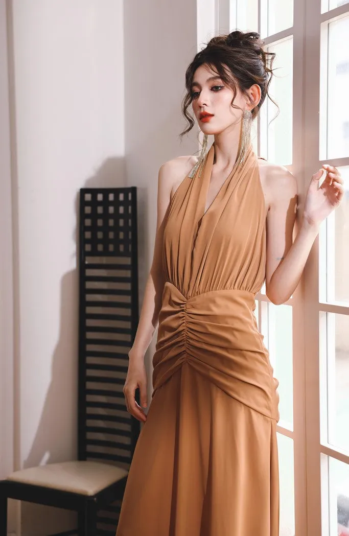 DOLLY Elegant Caramel Brown French Style Sleeveless Halter Collar Long Dinner Dress-PRIME (V)