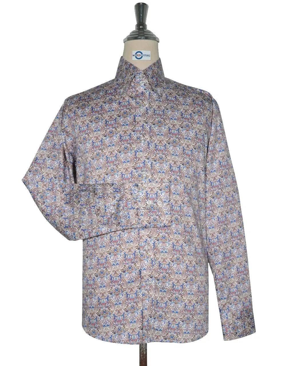 Double Collar Shirt - 60s  Style Brown and Blue Floral Shirt