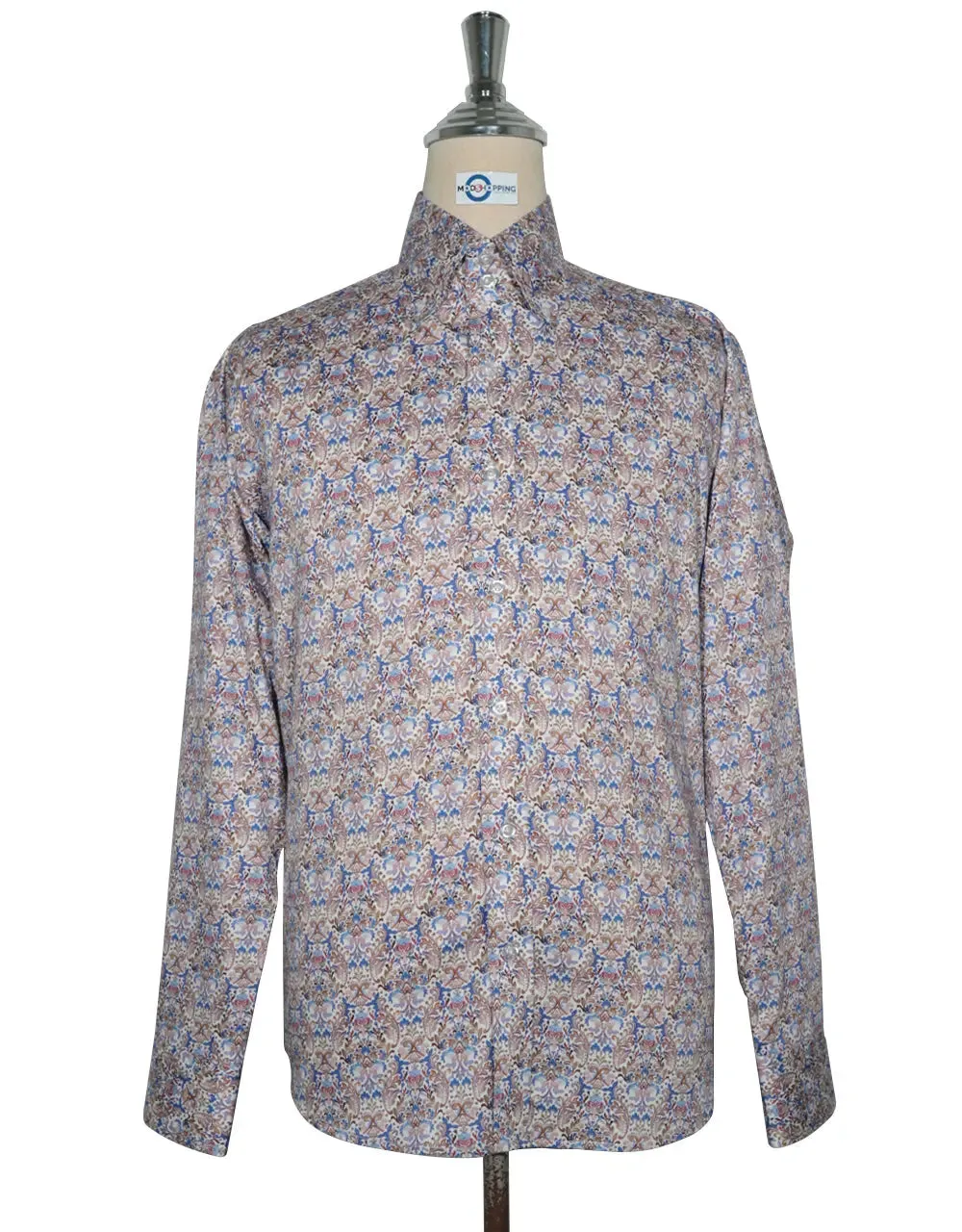 Double Collar Shirt - 60s  Style Brown and Blue Floral Shirt
