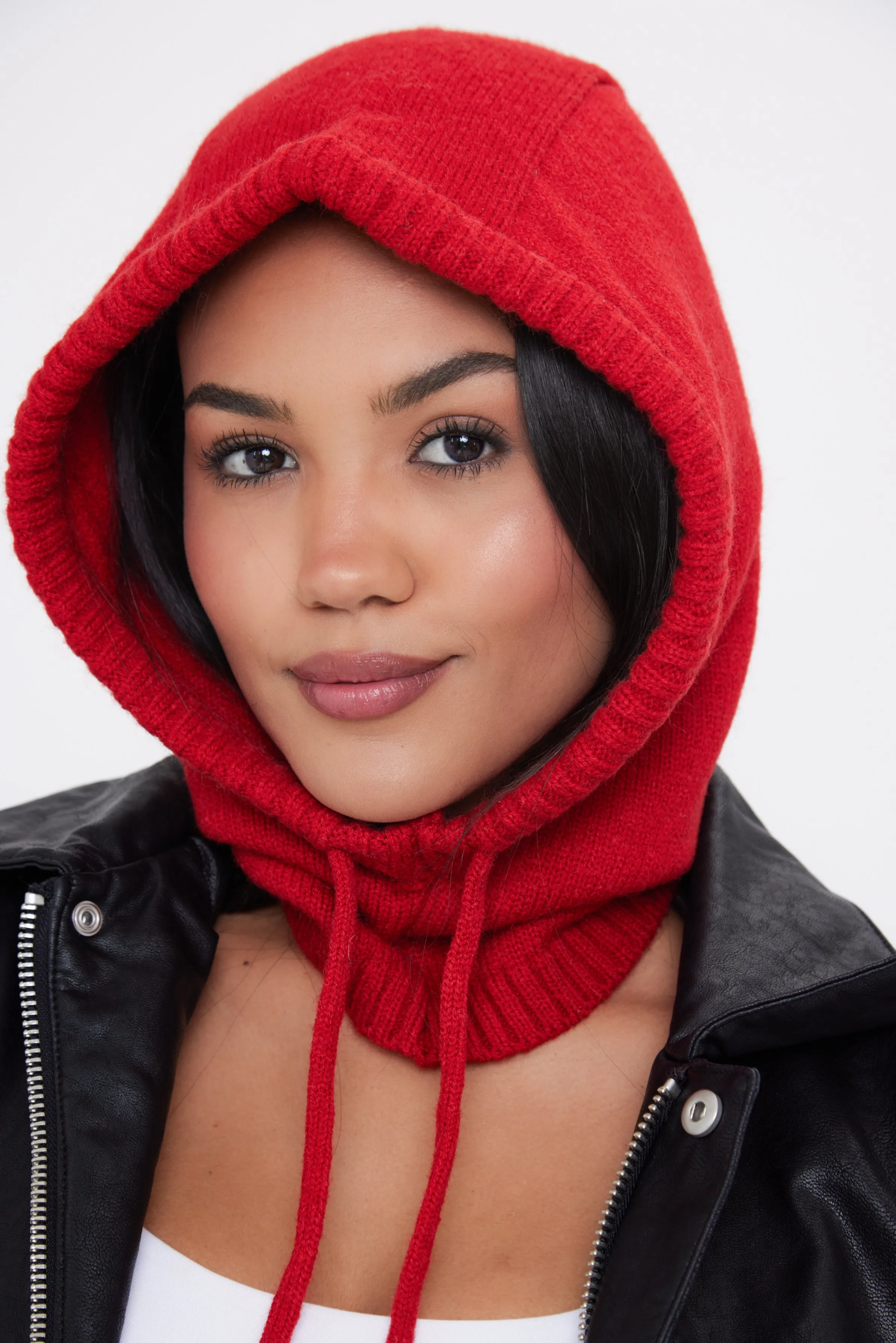 Drawstring Knitted Balaclava Hood in Red