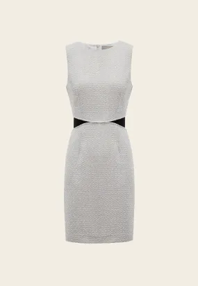 Fake Two Piece Black Detailing Sleeveless Silver Tweed Dress