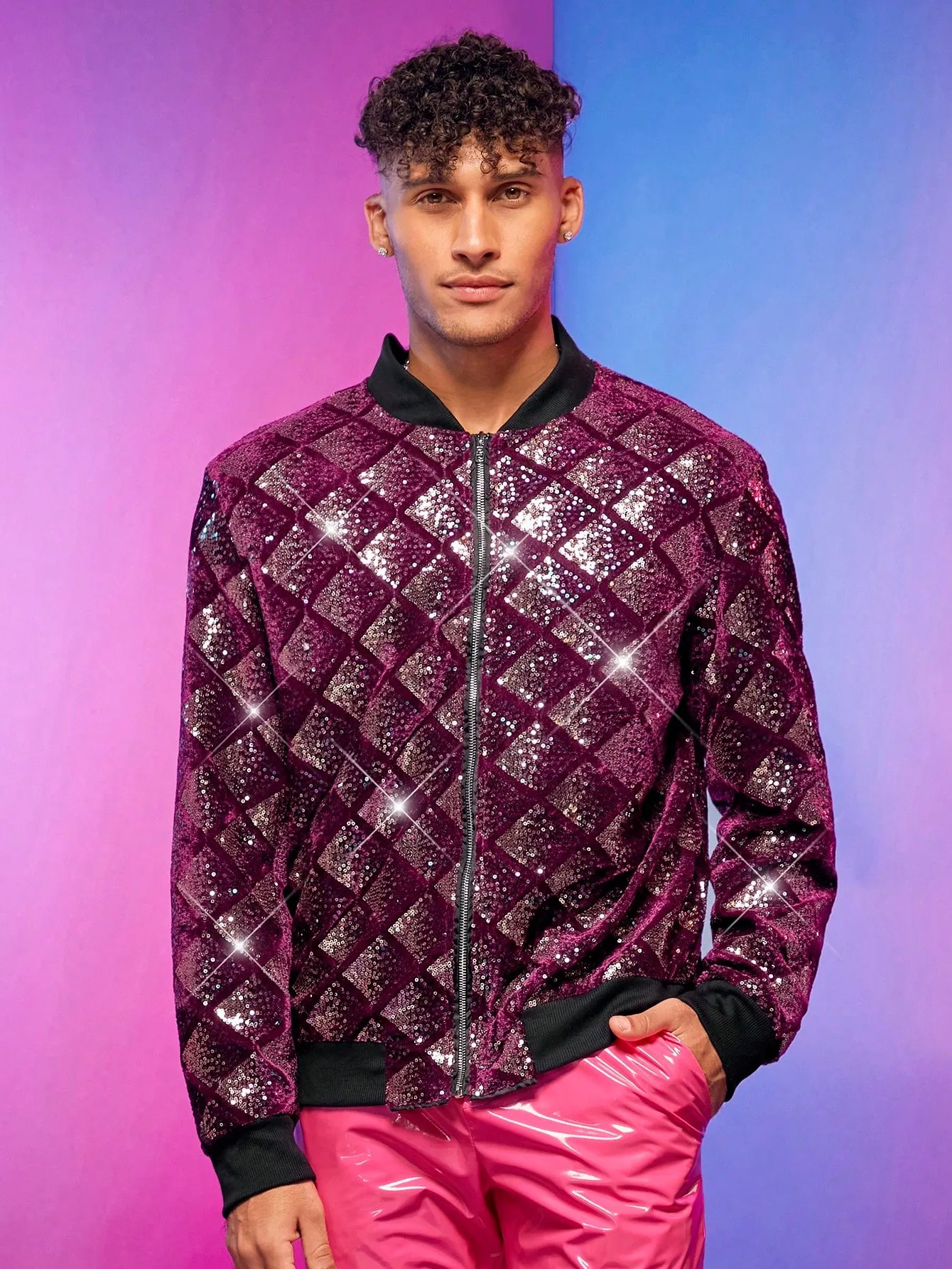 Fever City Men Sequin Decor Bomber Jacket