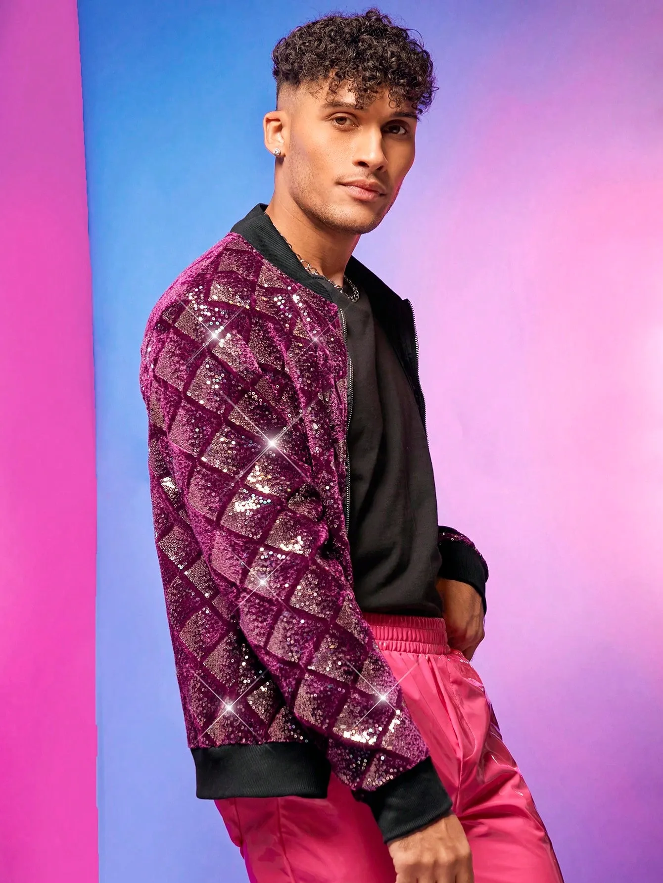 Fever City Men Sequin Decor Bomber Jacket