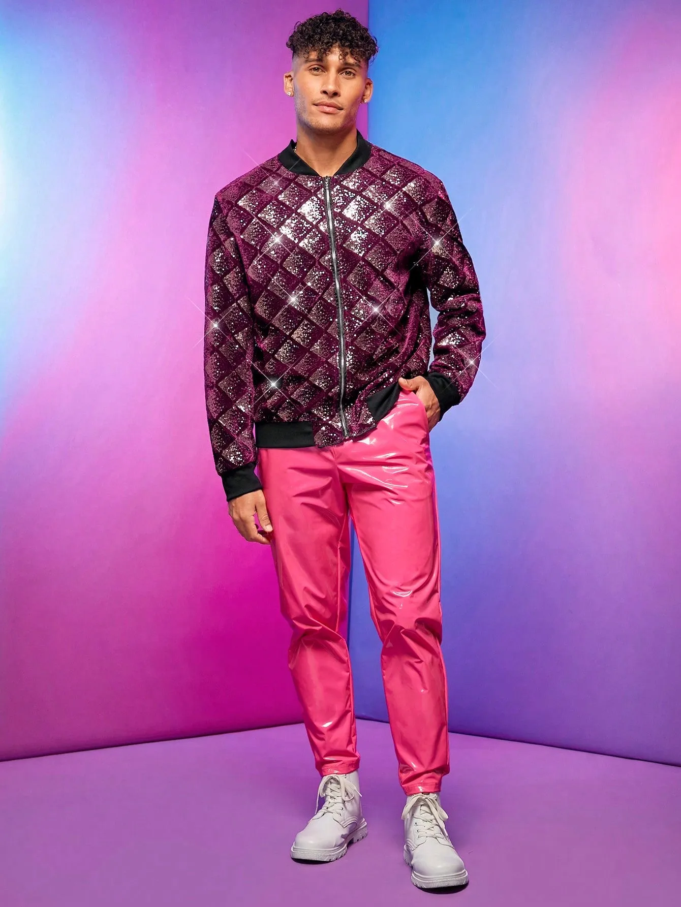 Fever City Men Sequin Decor Bomber Jacket