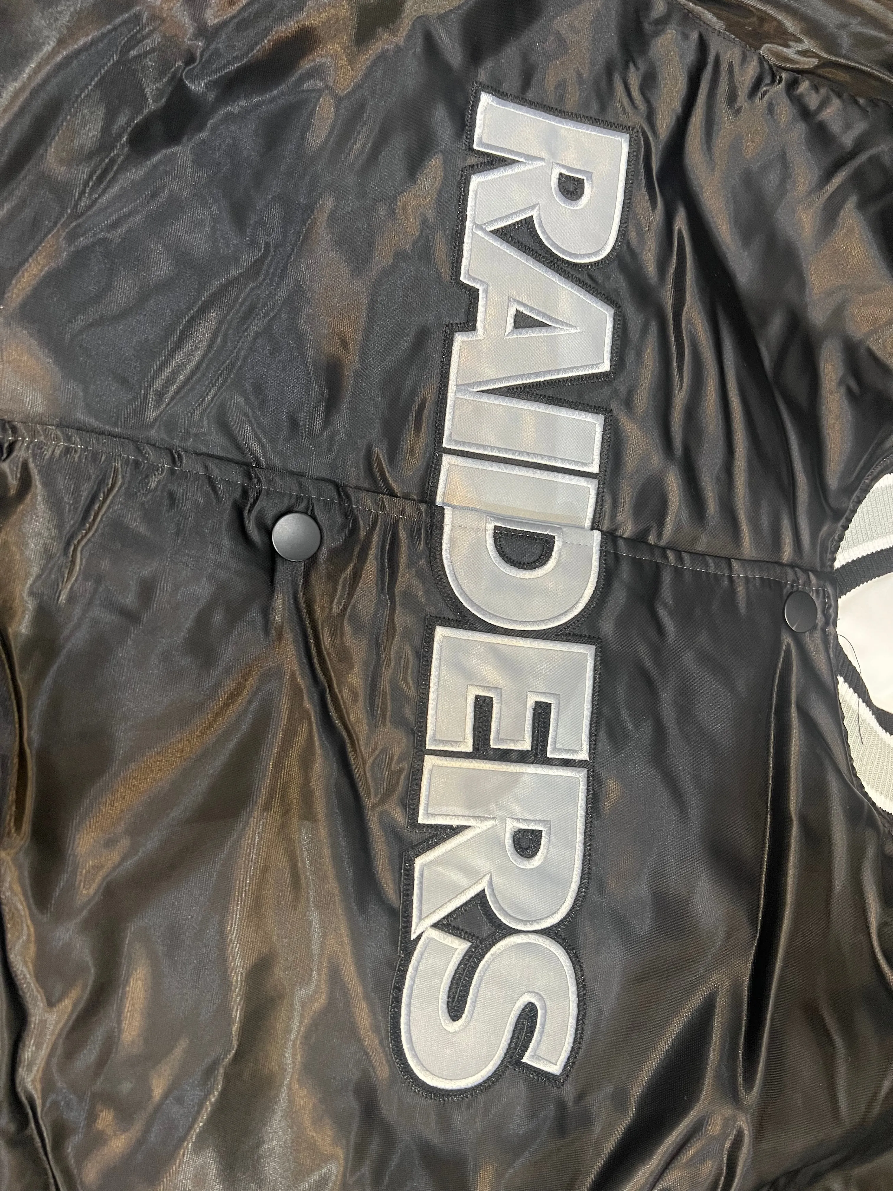 Las Vegas Raiders Varsity Full-Snap Reversible Satin Bomber Jacket - White/Black