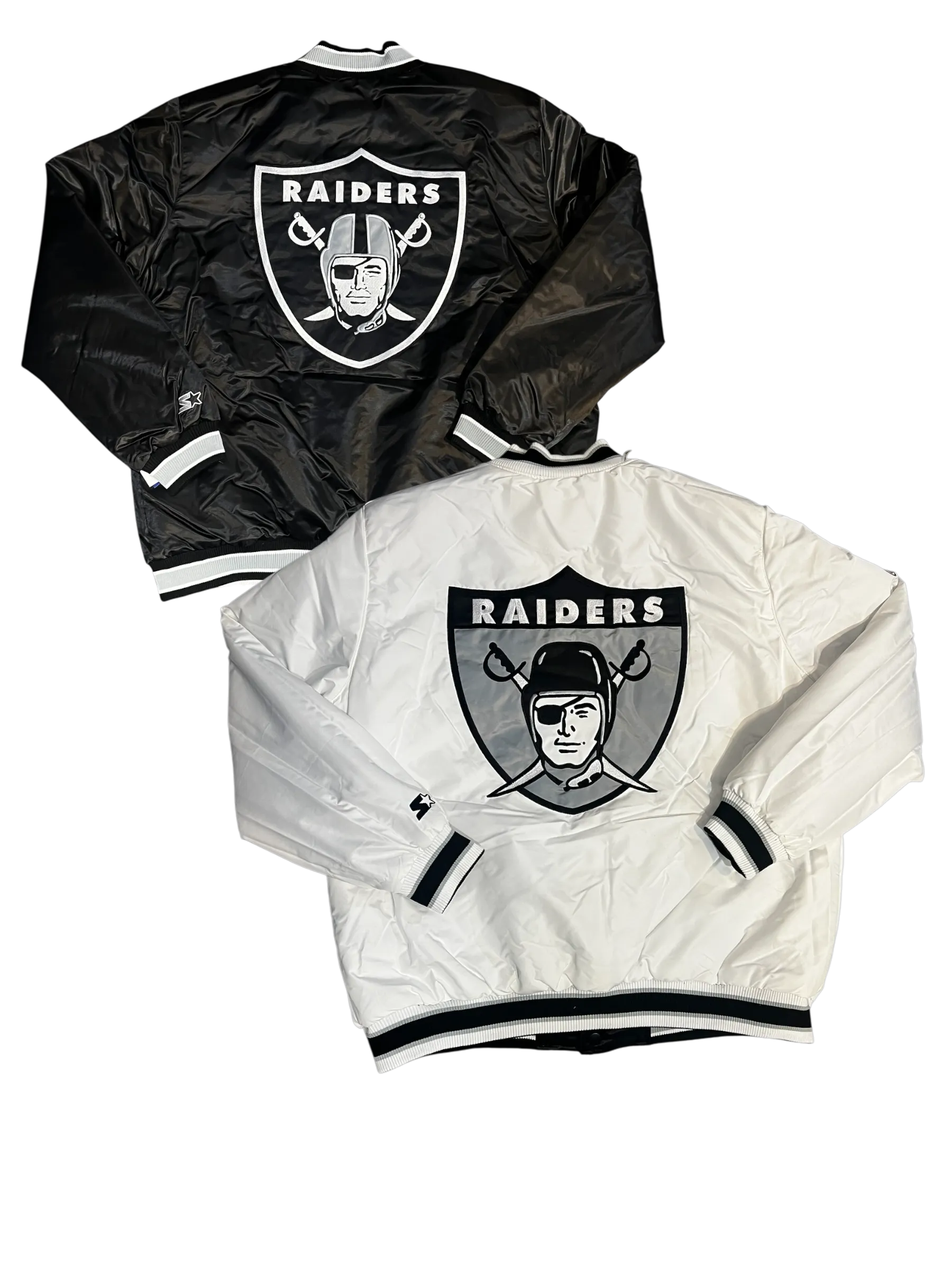 Las Vegas Raiders Varsity Full-Snap Reversible Satin Bomber Jacket - White/Black