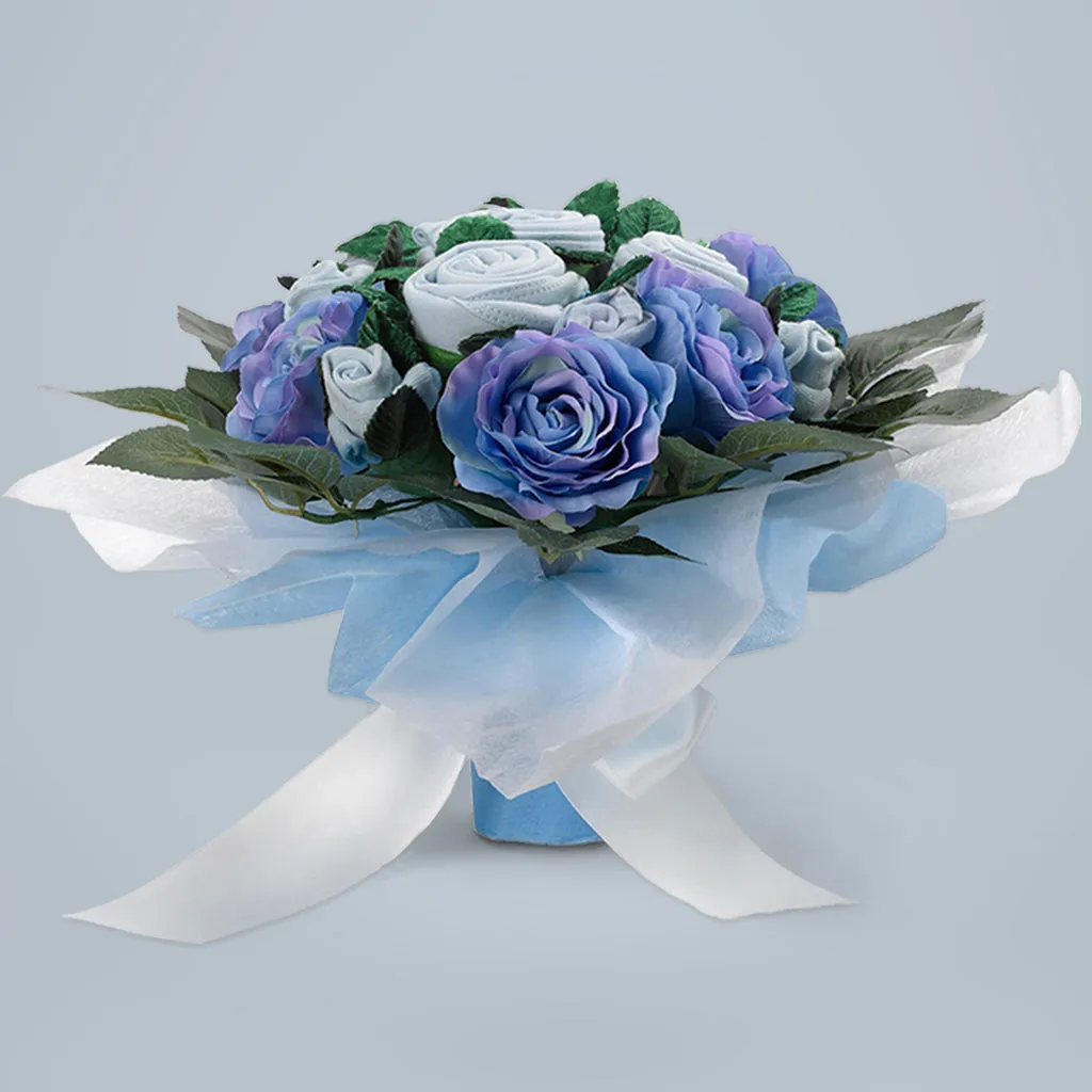 Luxury Rose Baby Clothes Bouquet, Balloon and Personalised Bunny, Blue